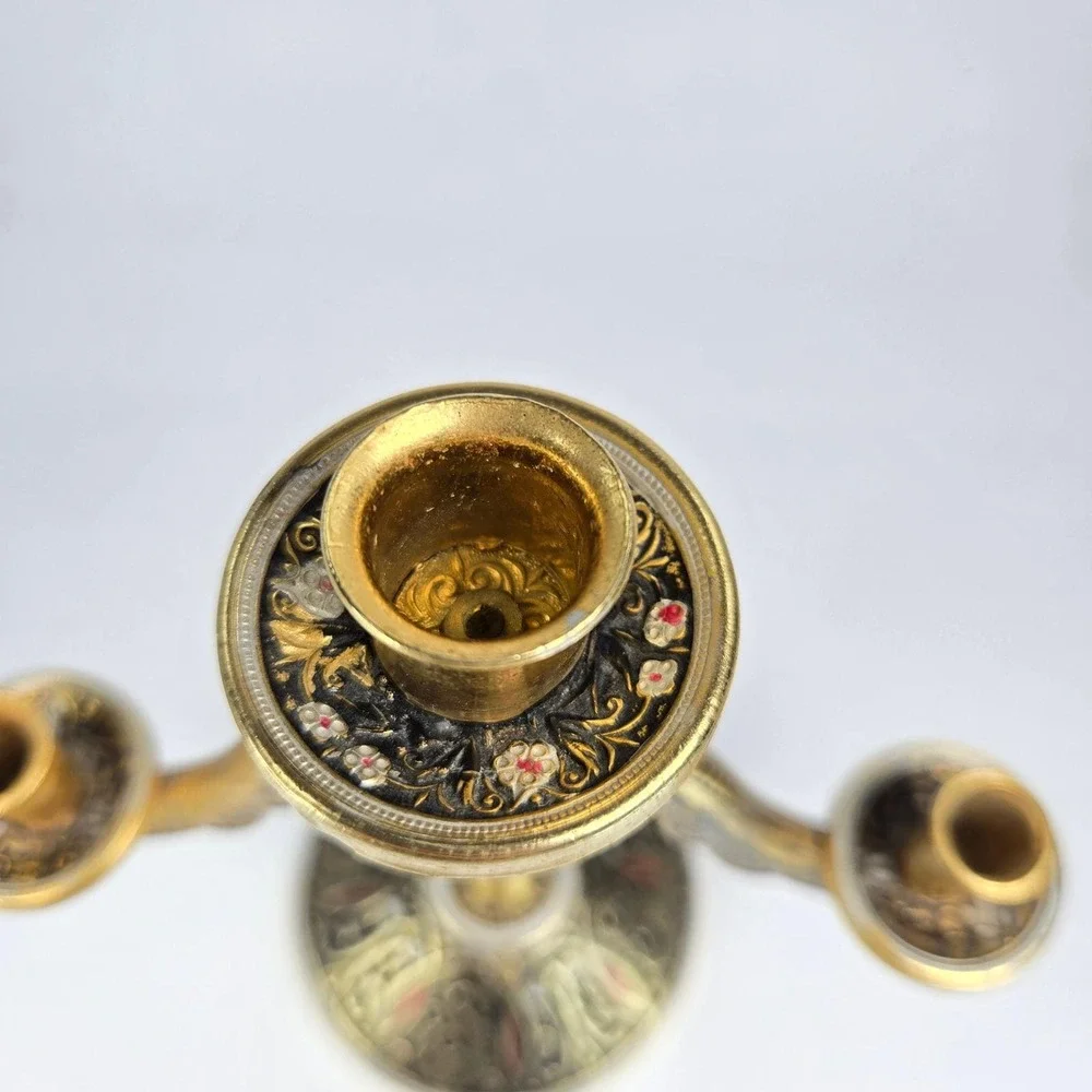 Vintage 10K Gold Gilded‎ 2-Arm Candelabra Russian Indian European Ornate  5.25